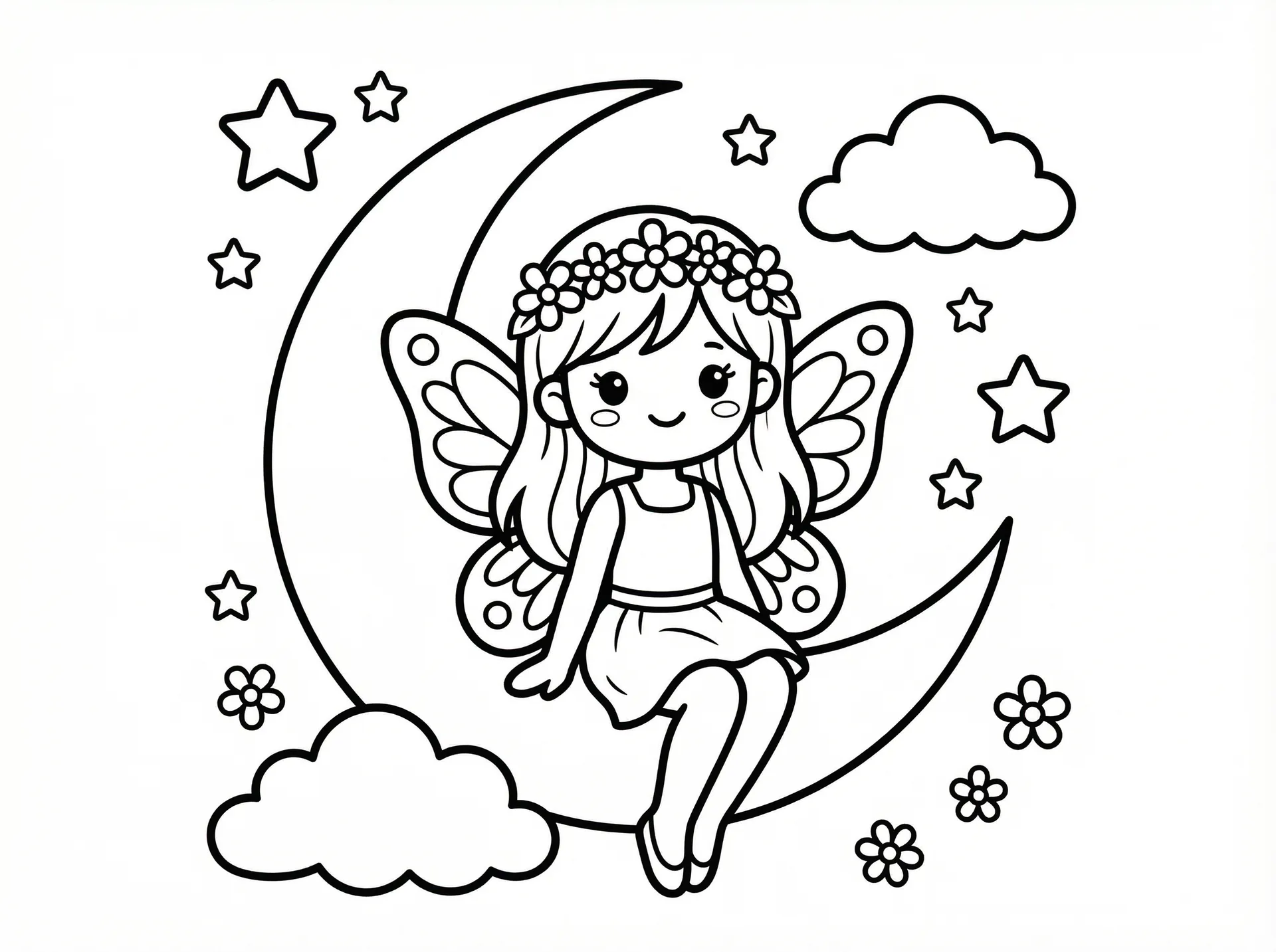 海角披风少年妈妈的稿件 - 月亮上的蝴蝶翅膀精灵涂色线稿